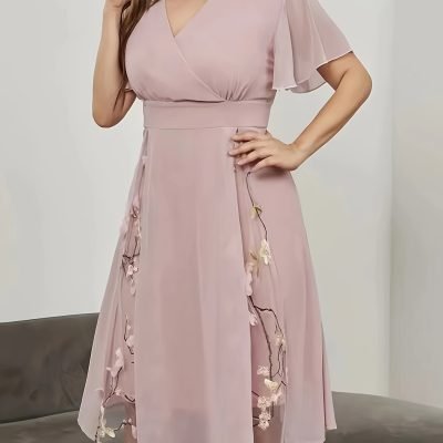Floral Pattern High Waist Dress, Elegant Surplice Neck Flutter Sleeve Dress, Women??s Clothing For Elegant Dressing