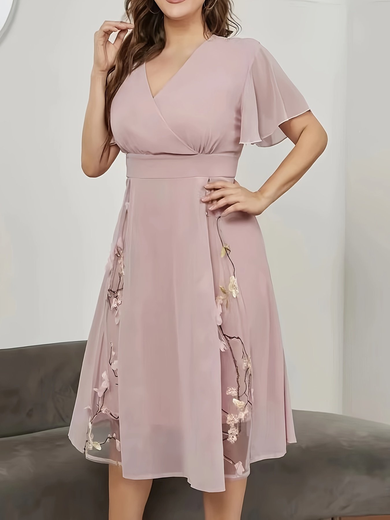 Floral Pattern High Waist Dress, Elegant Surplice Neck Flutter Sleeve Dress, Women??s Clothing For Elegant Dressing