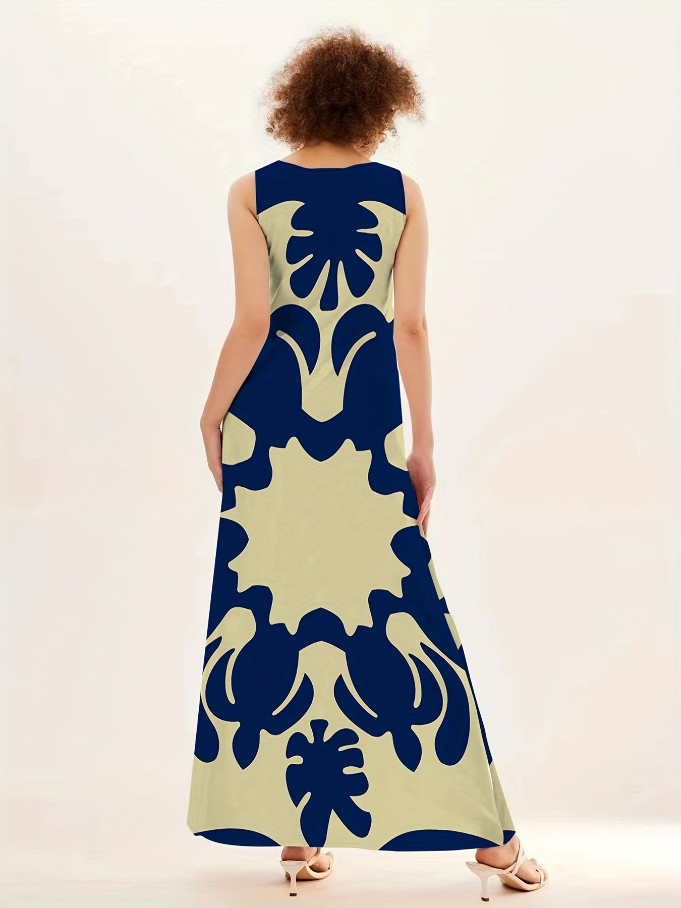 Graphic Print V Neck Maxi Dress, Boho Sleeveless Tank Dress For Spring & Summer, Women??s Clothing - Image 3