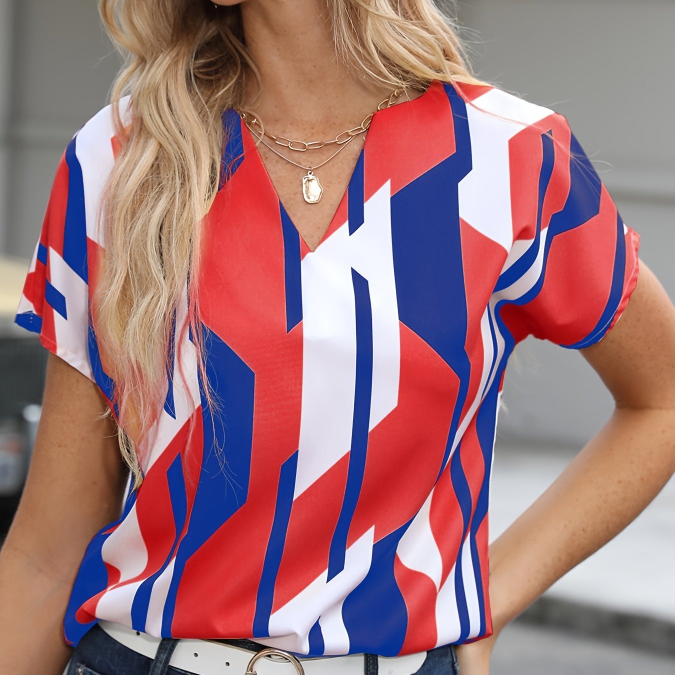 Color Block Graphic Print Blouse, Notched Neck Casual Short Sleeve Blouse, Women??s Clothing - Image 5