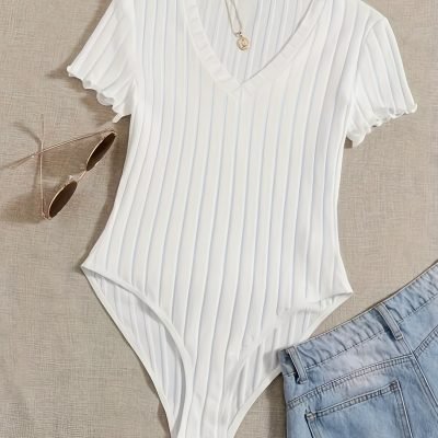 Solid V Neck Rib Knit Bodysuit, Casual Short Sleeve Basic Bodysuit, Women??s Clothing