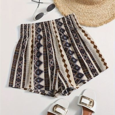 Geo Print Shirred Waist Shorts, Vacation Loose Beach Shorts For Spring & Summer, Women??s Clothing