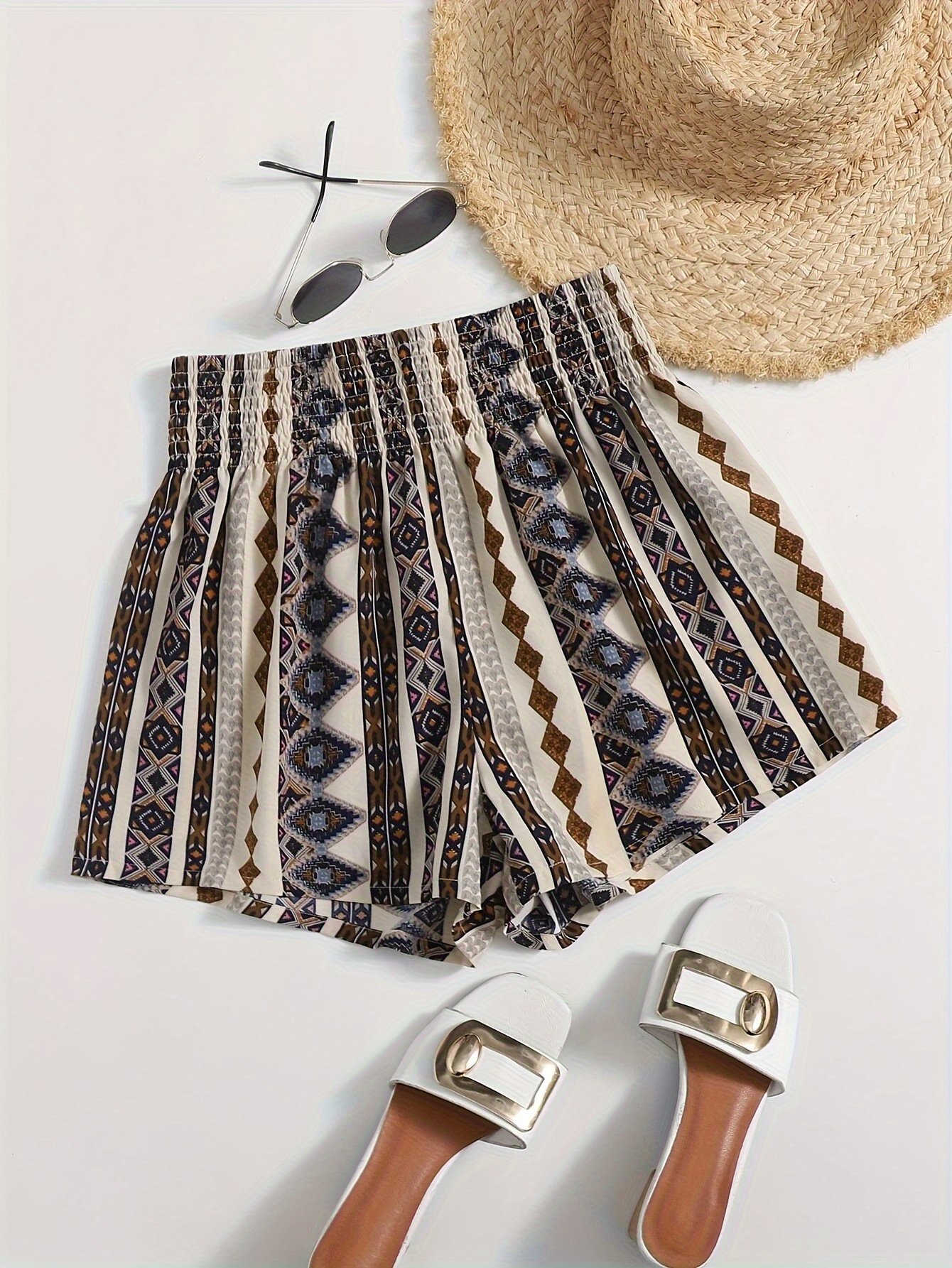 Geo Print Shirred Waist Shorts, Vacation Loose Beach Shorts For Spring & Summer, Women??s Clothing