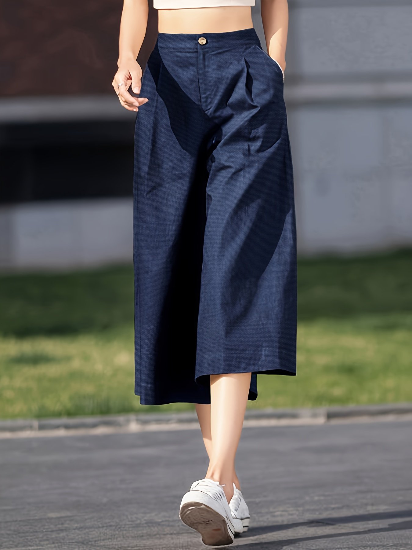 High Waist Pocket Cropped Pants, Vintage Wide Leg Pants For Spring & Summer, Women??s Clothing