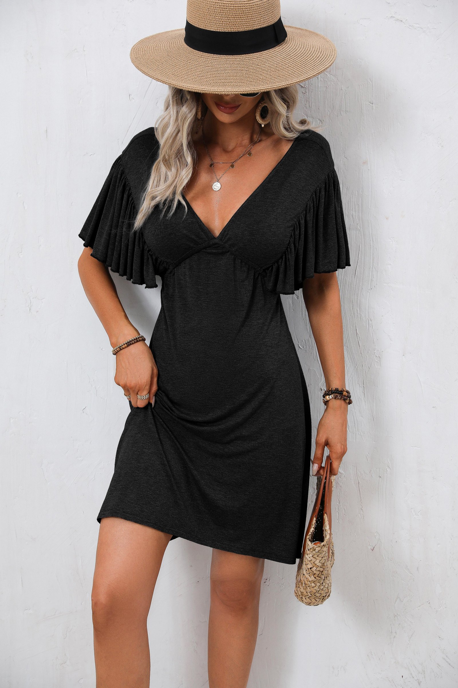Solid Black Ruffle Sleeve V Neck Casual Mini Dress - Image 5