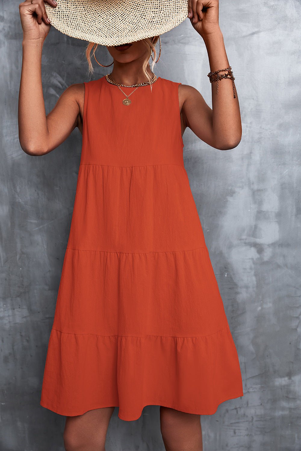 Ruffled Round Neck Solid Sleeveless Mini Dress - Image 3