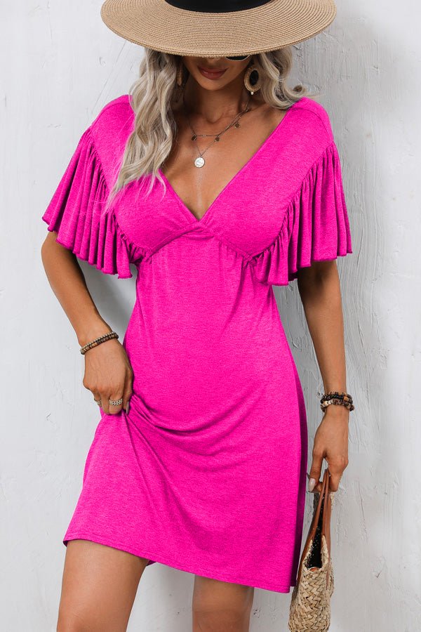 DeepPink Ruffle Sleeve Solid V Neck Casual Mini Dress - Image 6