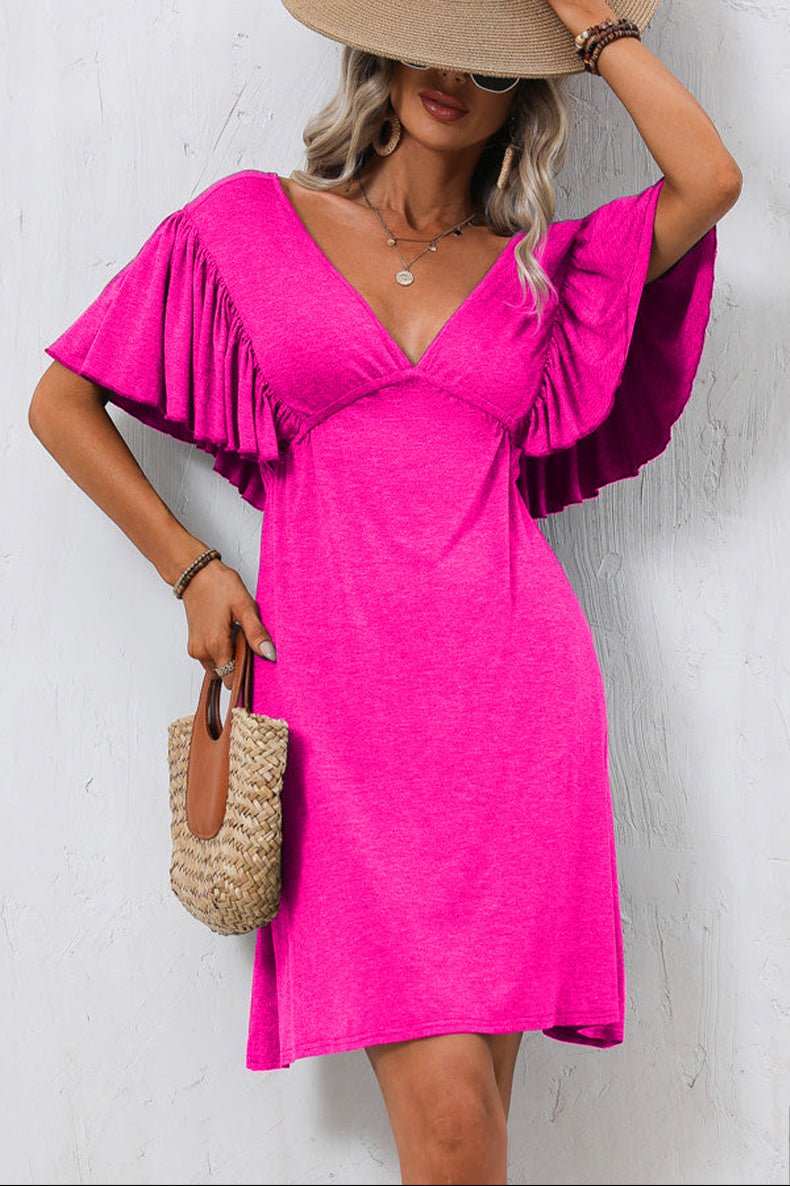 DeepPink Ruffle Sleeve Solid V Neck Casual Mini Dress - Image 4