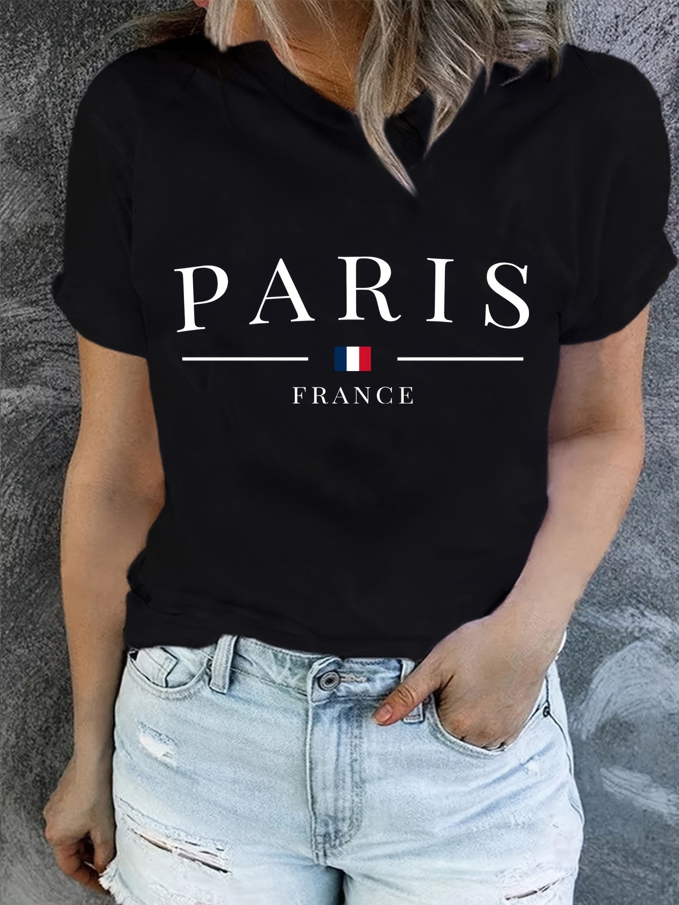 PARIS Print T-shirt, Short Sleeve Crew Neck Casual Top For Summer & Spring, Women??s Clothing