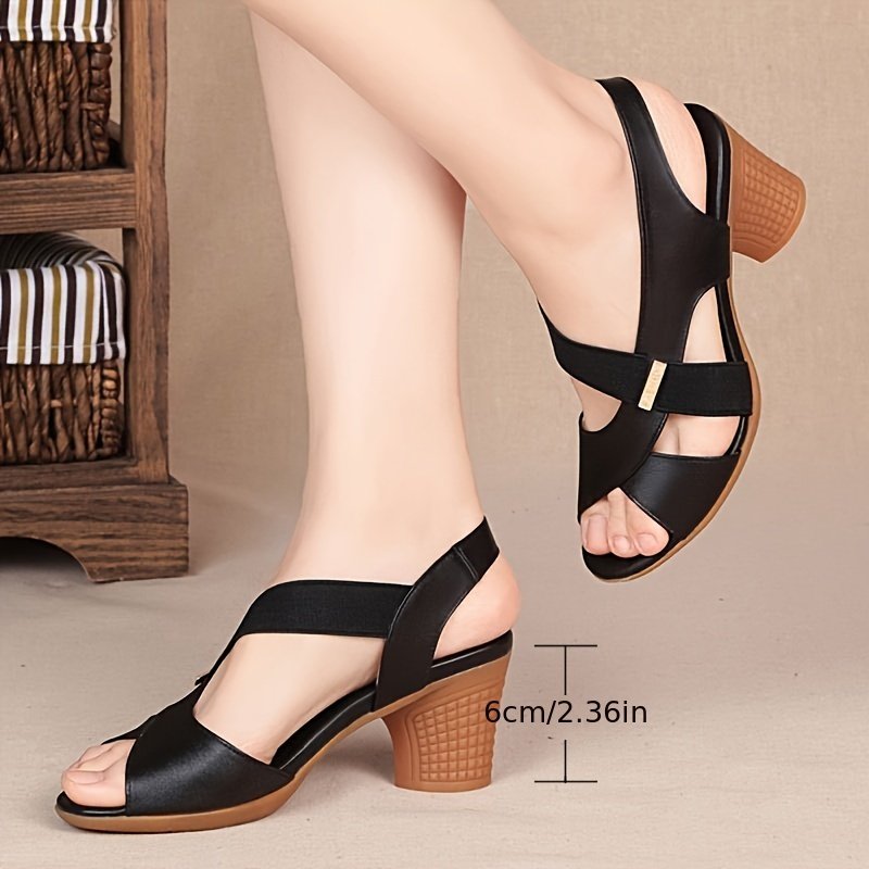 Women??s Chunky Heeled Sandals, Peep Toe Elastic Strap Slip On Heels, All-Match Going Out Sandals - Image 5