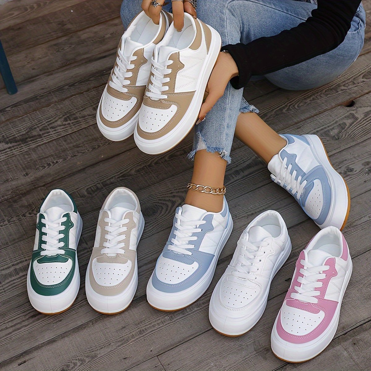 Women??s Colorblock Casual Sneakers, Lace Up Platform Soft Sole Skate Shoes, Versatile Low-top Sporty Trainers