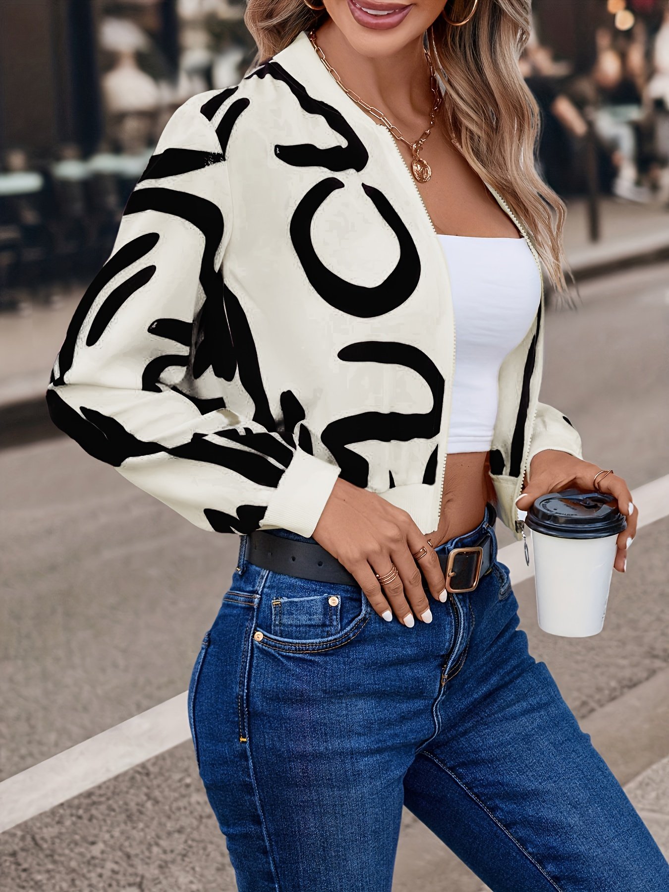 Abstract Print Bomber Jacket, Casual Zip Up Long Sleeve Outerwear, Women??s Clothing - Image 13