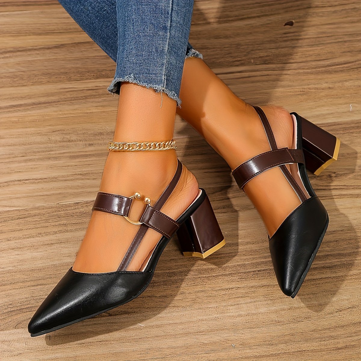 Women??s Pointed Toe Block High Heel Sandals, Fashion Solid Color Slingback Shoes, Versatile Mid Heels - Image 6