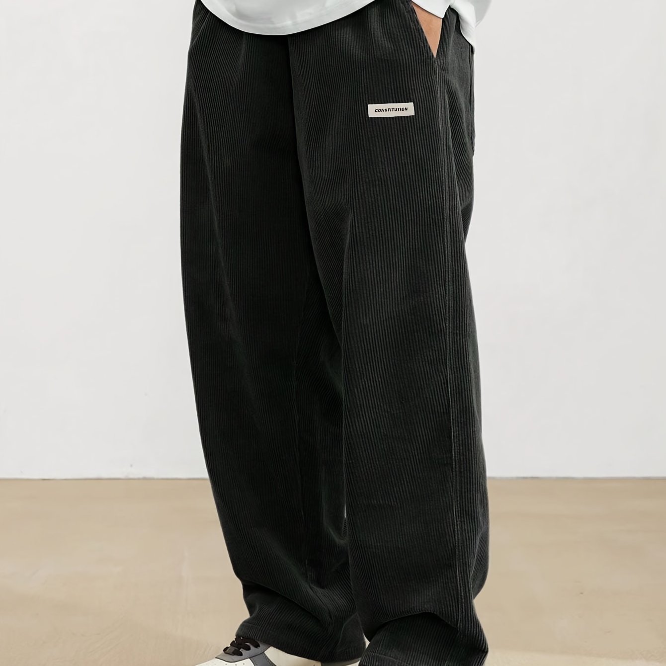 Men??s Loose-Fit Corduroy Casual Pants With Pockets In Solid Color, Breathable Straight-Leg Drawstring Trousers For Urban Streetwear And Outdoor Activities, Casual Style - Image 2