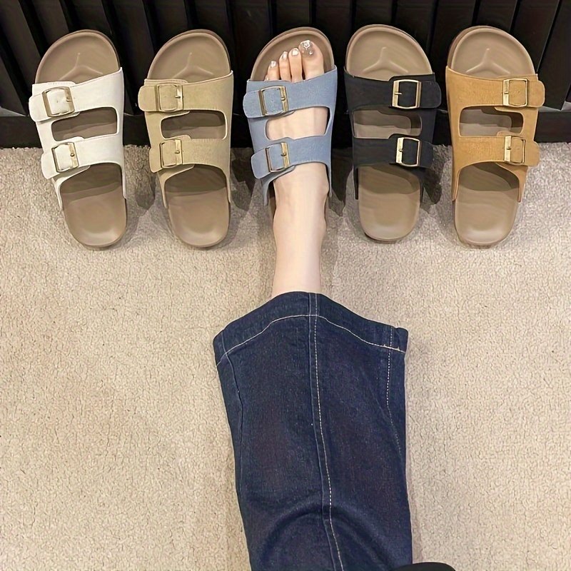 Women??s Solid Color Casual Sandals, Platform Slip On Double Adjustable Buckle Beach Slides, Casual Seaside Daily Footwear - Image 8