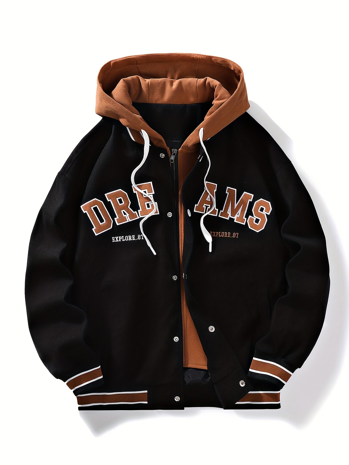 Men??s Casual Hooded Varsity Jacket, Street Style Letter Print Jacket For School