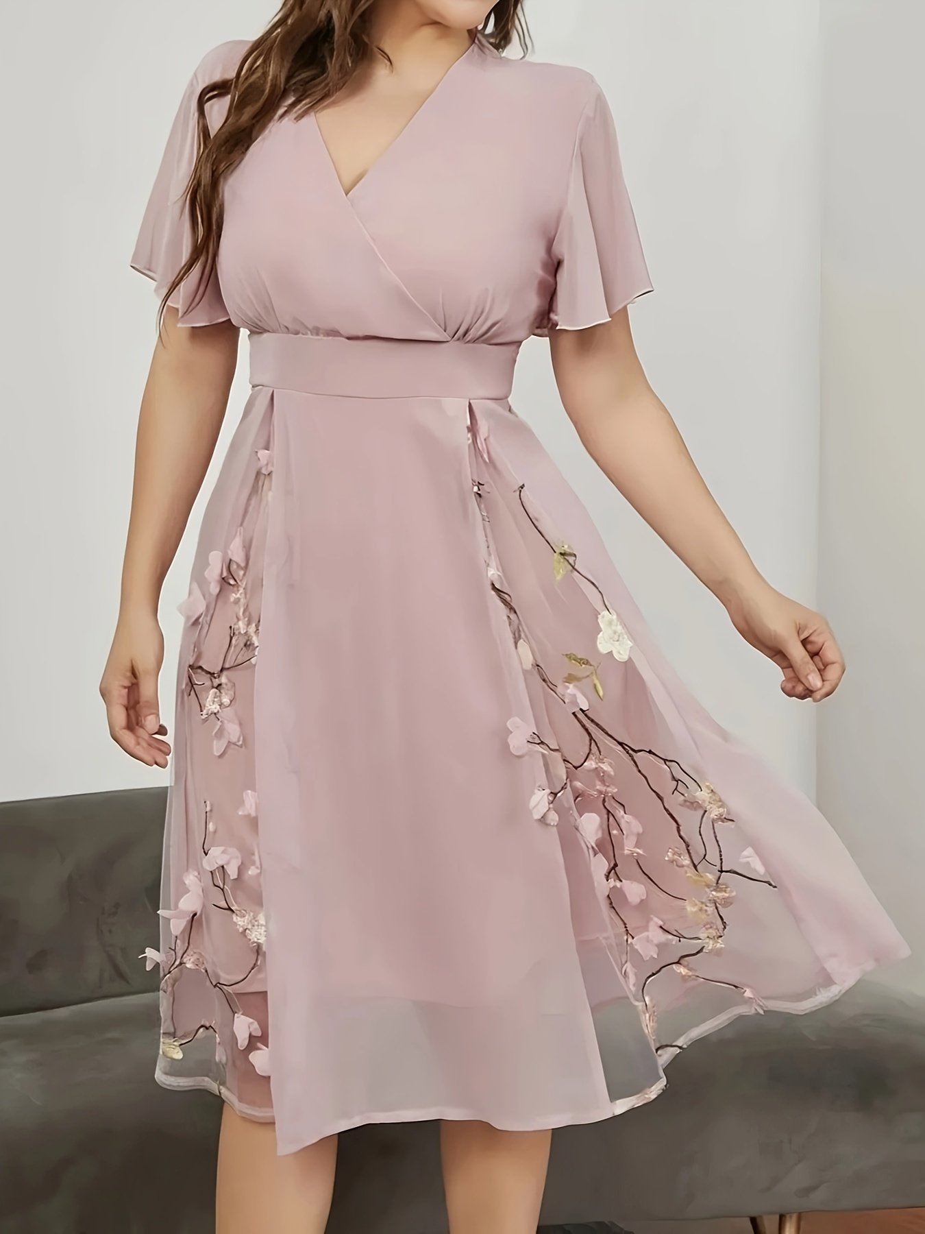 Floral Pattern High Waist Dress, Elegant Surplice Neck Flutter Sleeve Dress, Women??s Clothing For Elegant Dressing - Image 4