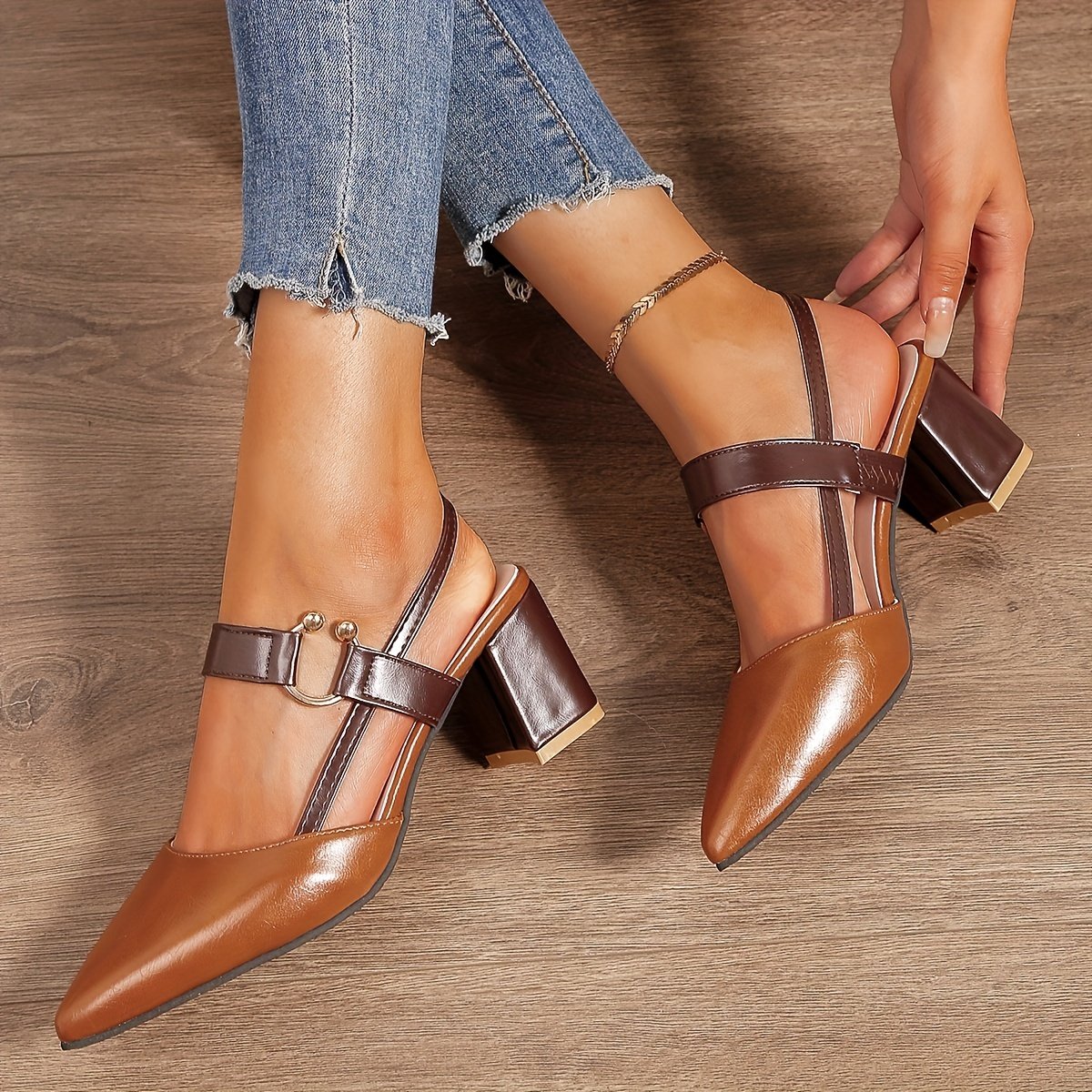Women??s Pointed Toe Block High Heel Sandals, Fashion Solid Color Slingback Shoes, Versatile Mid Heels