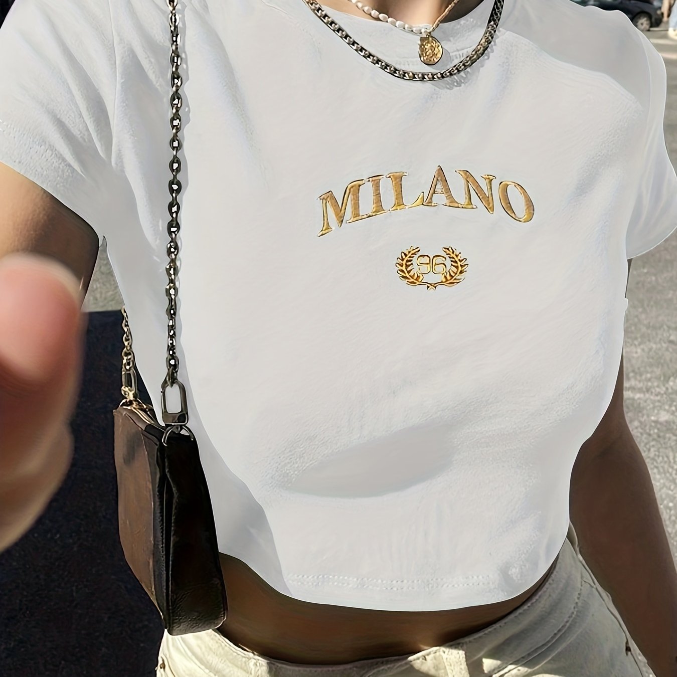 Letter Print Crew Neck Crop T-Shirt, Casual Short Sleeve T-Shirt For Spring & Summer, Women??s Clothing - Image 2