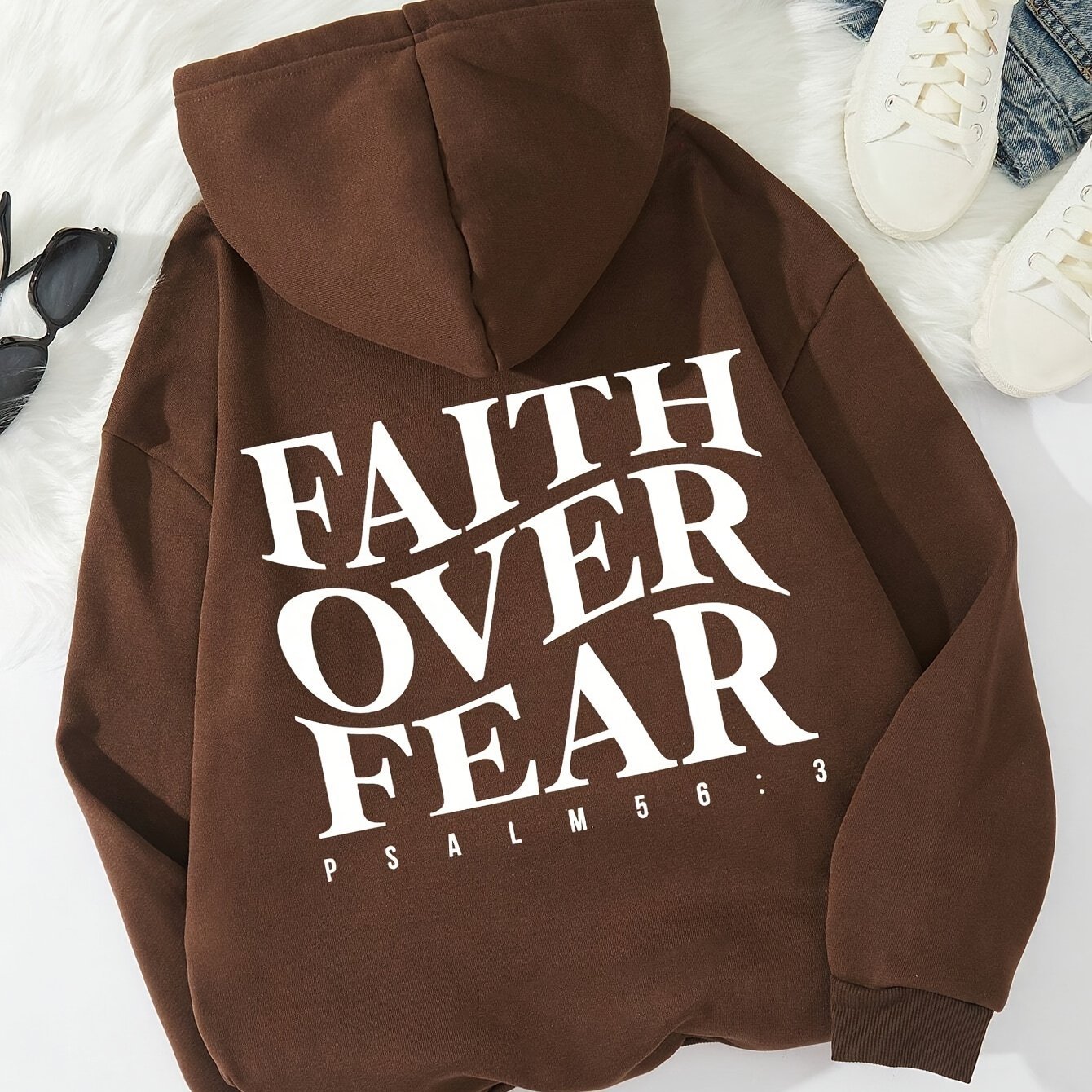 Inspirational Quote Hoodie, ??Faith Over Fear?? Letter Print Hooded Sweatshirt, Casual Pullover, Long Sleeve, Kangaroo Pocket, Adjustable Drawstring, Fashion - Image 2