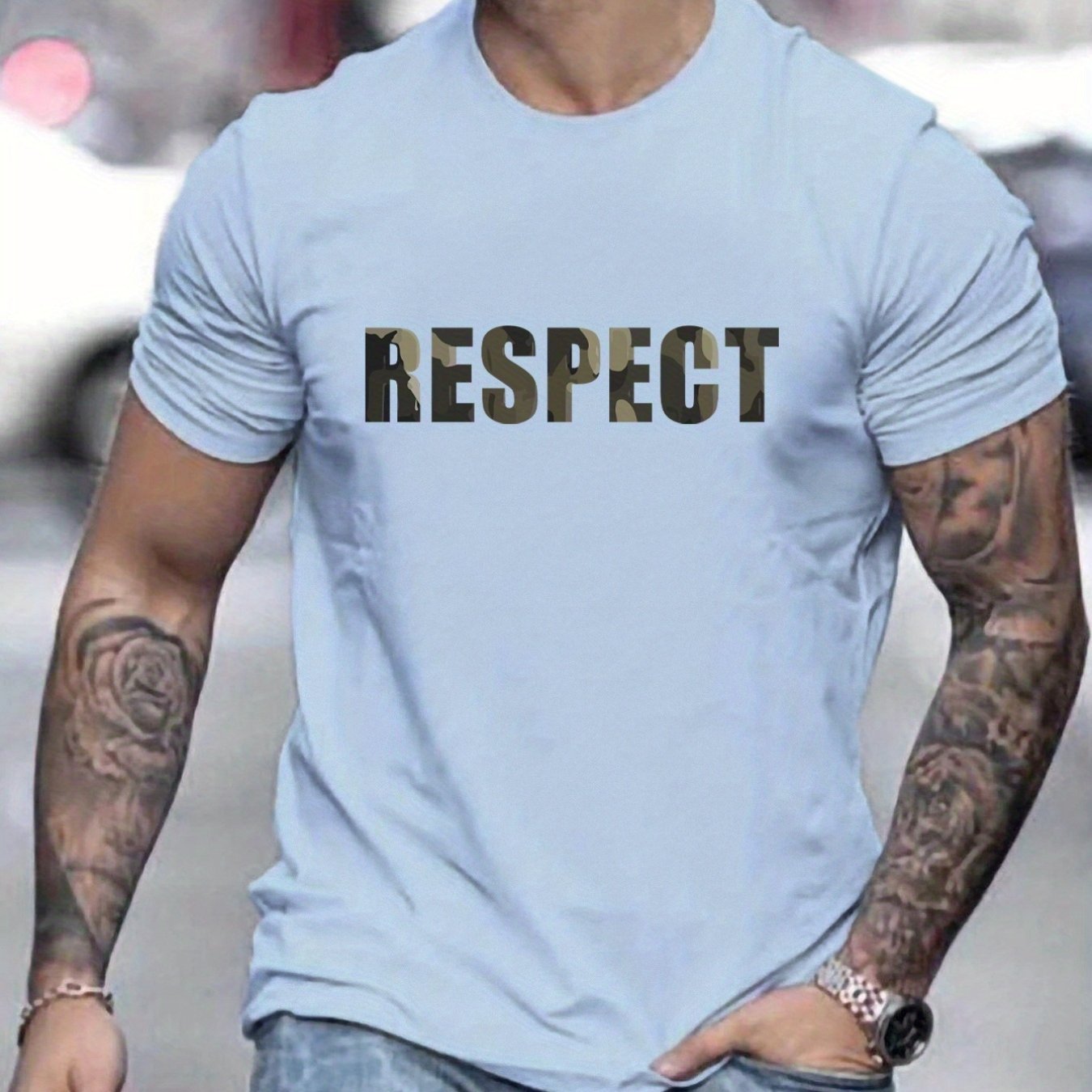 Letter RESPECT Pattern Print Men??s T-shirt, Graphic Tee Men??s Summer Clothes, Men??s Outfits - Image 4