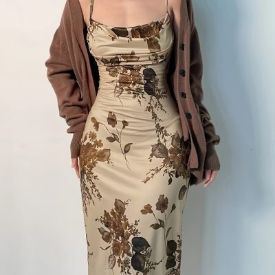 Floral Print Ruched Dress, Sexy Spaghetti Strap Bodycon Dress, Women??s Clothing