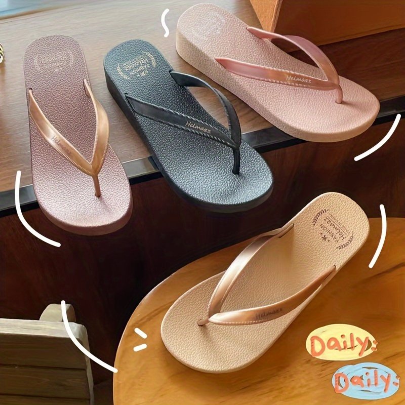 Women??s Summer Solid Color Wedge Flip Flops, Fashionable Slip On Lightweight Beach Slides, Non-Slip Durable Sole Slides - Image 6
