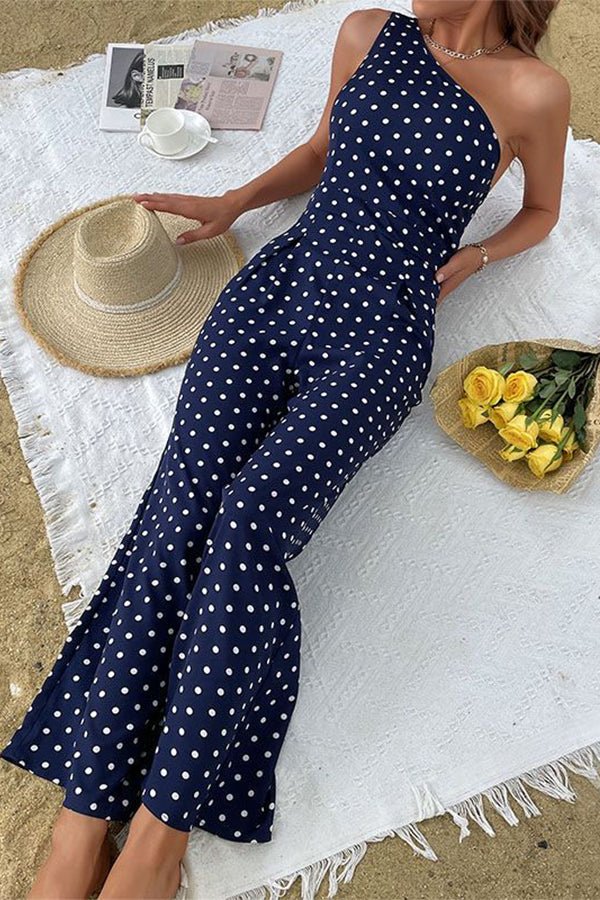 One Shoulder Dots Print Jumpsuit