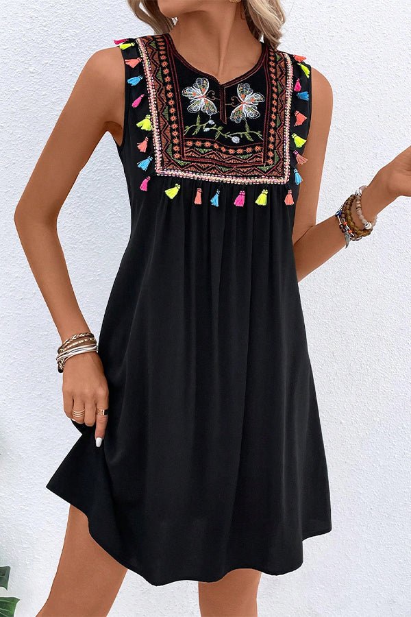 Solid Bohemia Print Patchwork Round Neck Mini Dress - Image 4