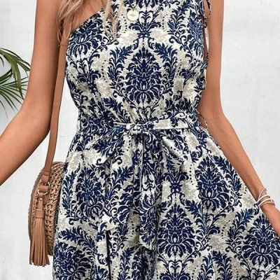 Fashion Printed One Shoulder Tie Waist Rompers
