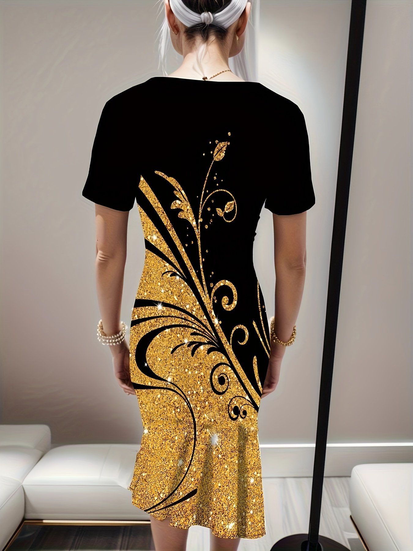 Graphic Print V-neck Dress, Elegant Ruffle Trim Bodycon Dress For Spring & Summer, Women??s Clothing - Image 3