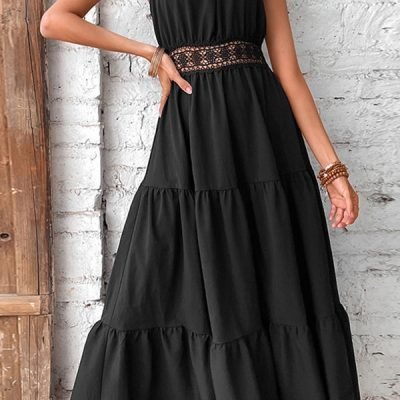 Solid Color Hollow Waist Casual Dress