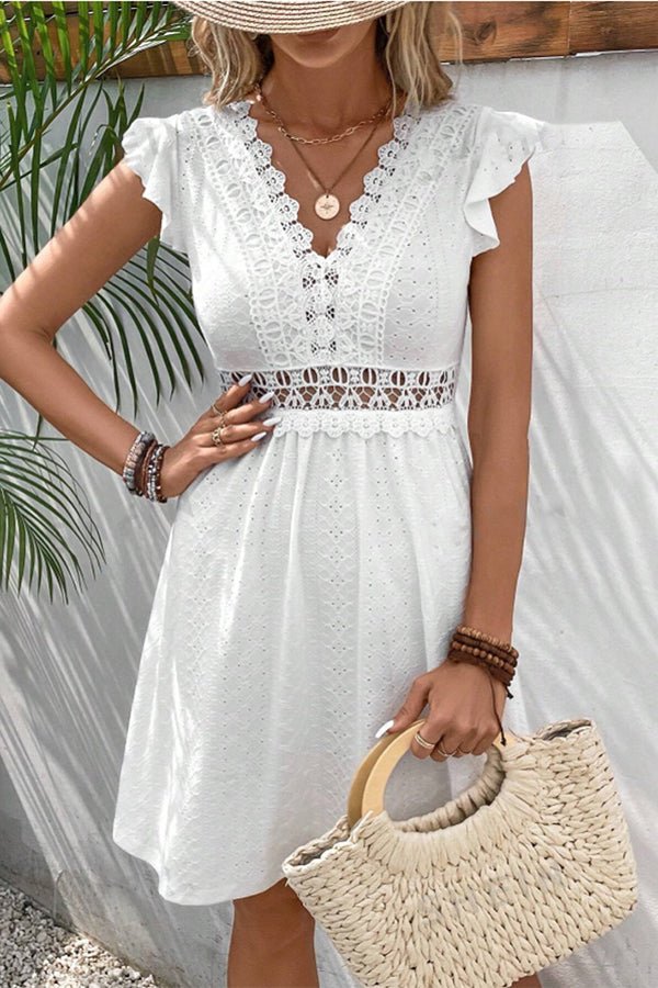 Solid Color Flutter Sleeve Hollow Waist Casual Dress - Image 3