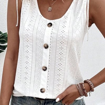 Solid Color U Neck Drawstring Casual Tops