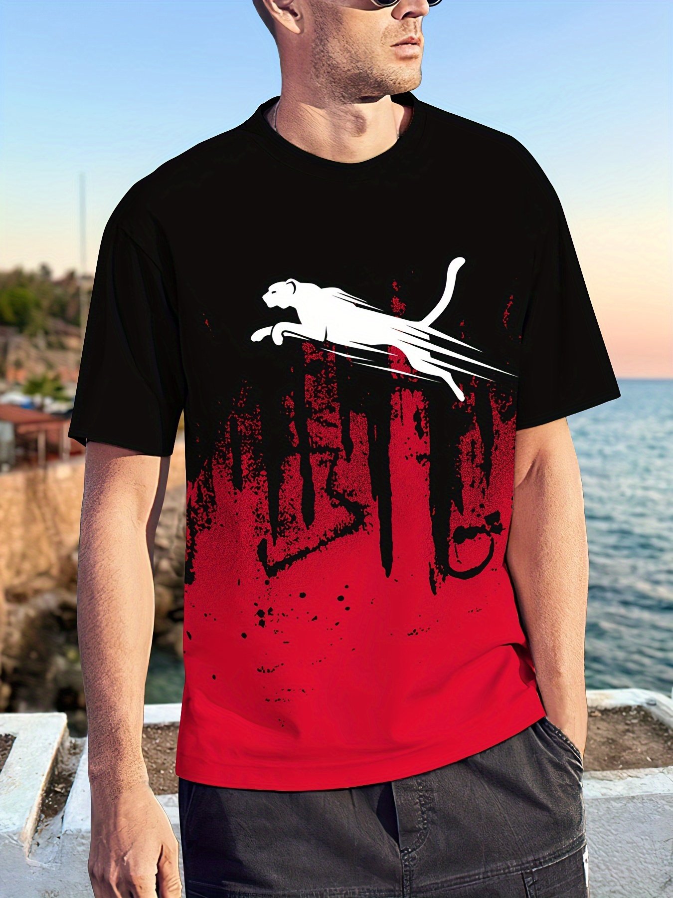 Men??s Gradient Color Running Leopard And Paint Mark Pattern Print T-shirt With Crew Neck And Short Sleeve, Perfect Tops For Outdoors Activities