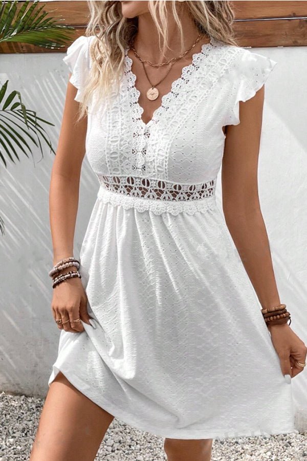 Solid Color Flutter Sleeve Hollow Waist Casual Dress - Image 4