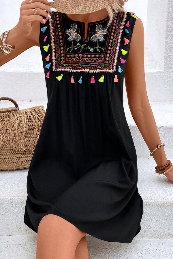 Solid Bohemia Print Patchwork Round Neck Mini Dress - Image 5