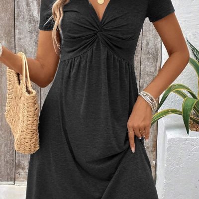 Solid Black Hook Design Short Sleeve Casual Dress