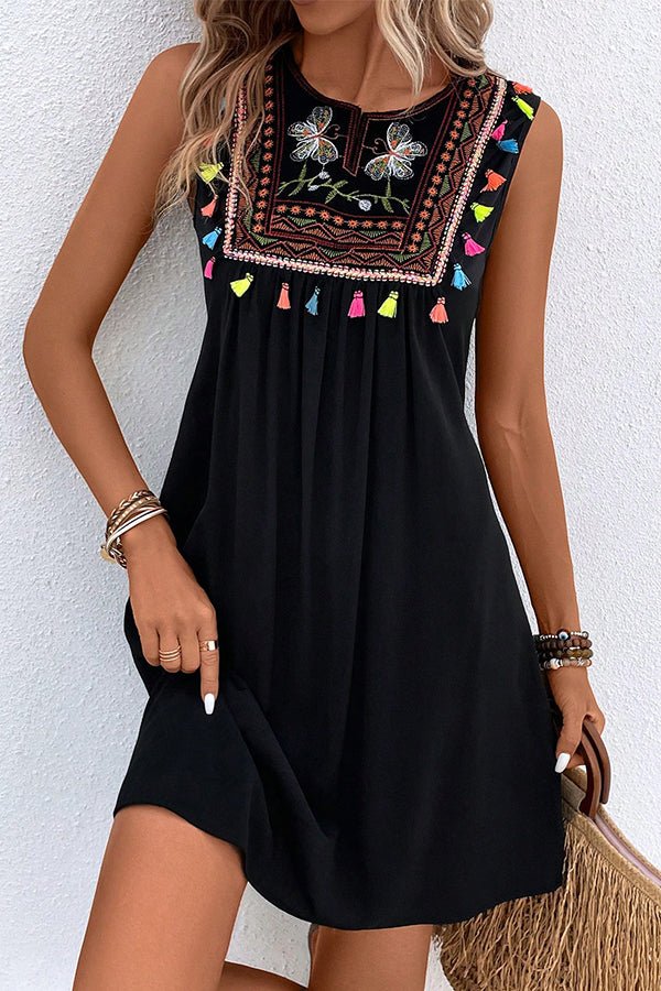 Solid Bohemia Print Patchwork Round Neck Mini Dress - Image 3