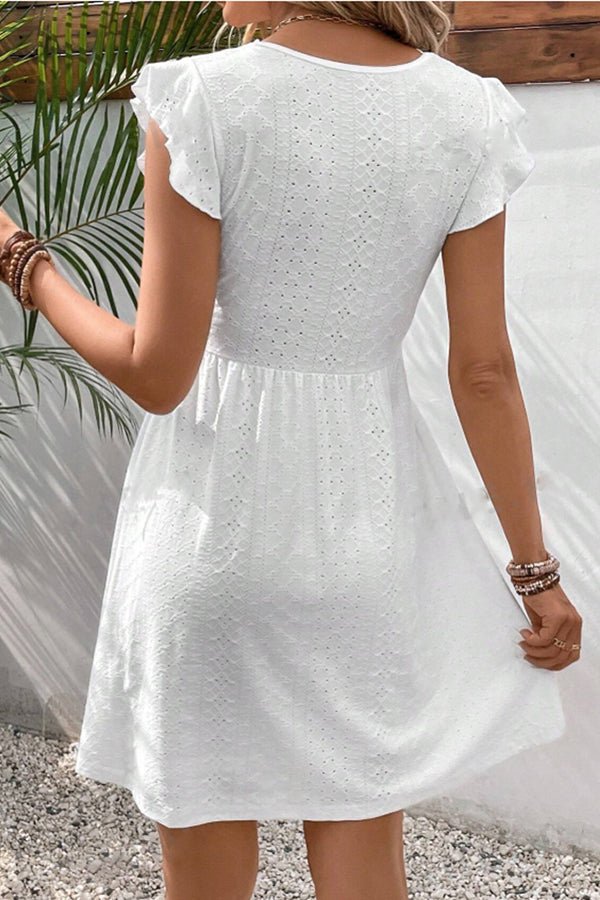 Solid Color Flutter Sleeve Hollow Waist Casual Dress - Image 6