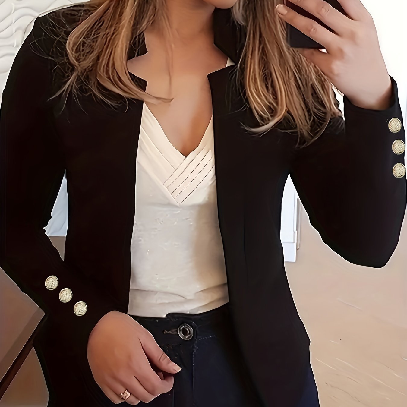 Solid Open Front Blazer, Casual Long Sleeve Button Blazer For Office & Work, Women??s Clothing - Image 7