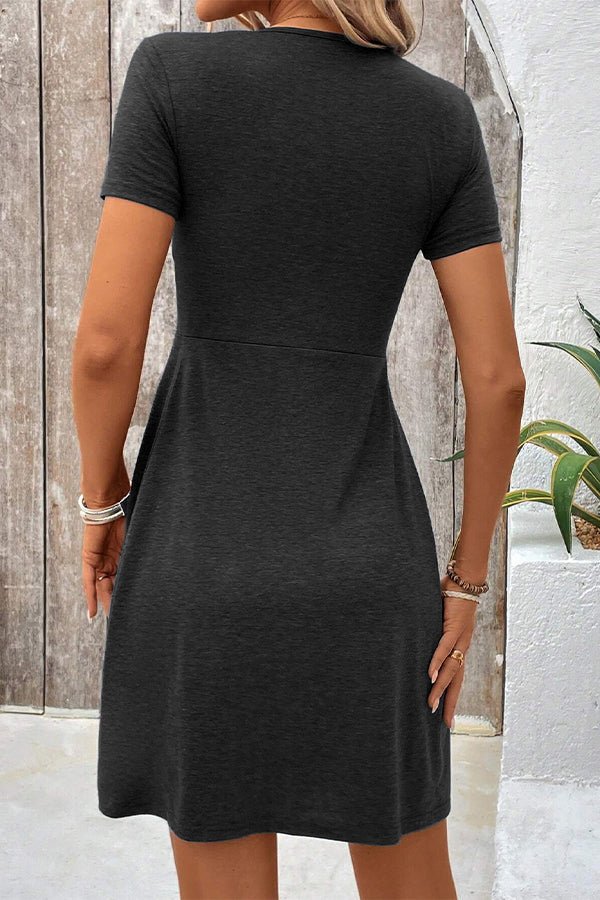 Solid Black Hook Design Short Sleeve Casual Dress - Image 6