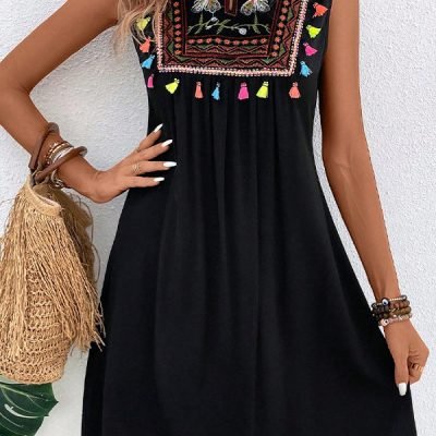 Solid Bohemia Print Patchwork Round Neck Mini Dress