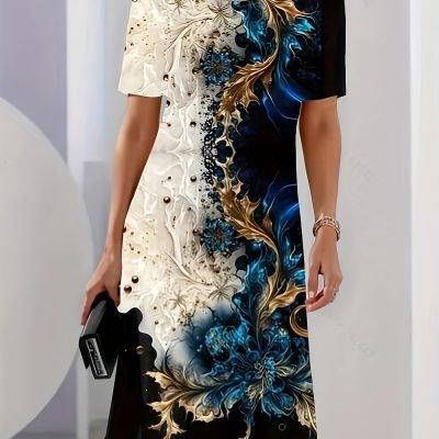 Graphic Print Colorblock Crew Neck Dress, Casual Short Sleeve Dress For Spring & Summer, Women??s Clothing