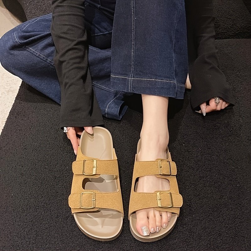 Women??s Solid Color Casual Sandals, Platform Slip On Double Adjustable Buckle Beach Slides, Casual Seaside Daily Footwear - Image 4