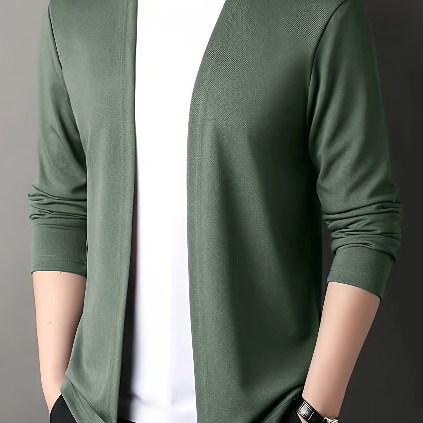 Men??s Solid Knitted Cardigan, Casual Breathable Long Sleeve Slim-fit Open Front Sweater For Outdoor Activities - Image 3