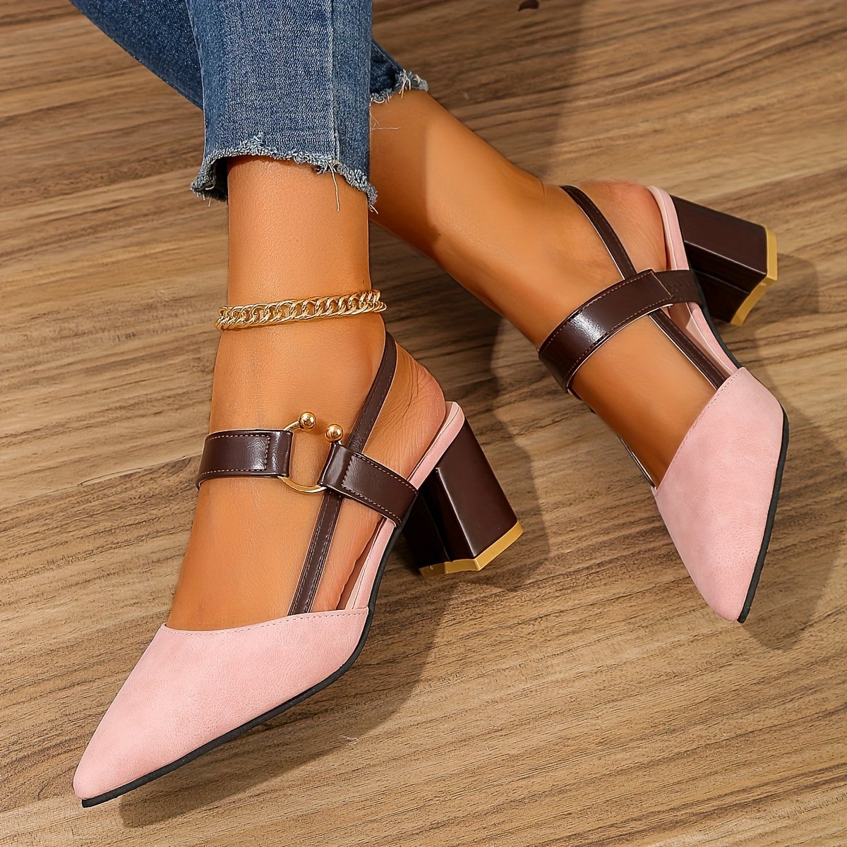 Women??s Pointed Toe Block High Heel Sandals, Fashion Solid Color Slingback Shoes, Versatile Mid Heels - Image 4