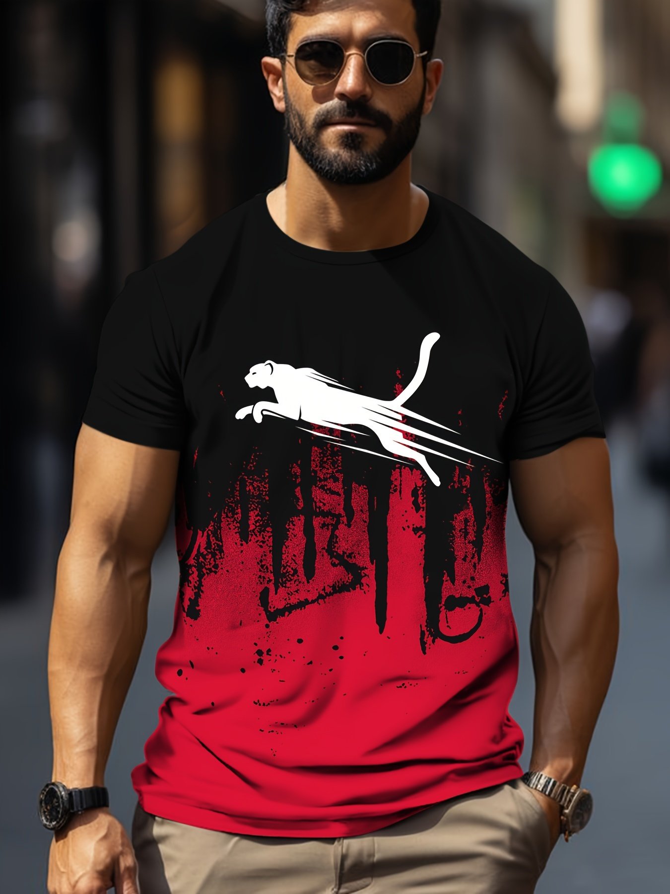Men??s Gradient Color Running Leopard And Paint Mark Pattern Print T-shirt With Crew Neck And Short Sleeve, Perfect Tops For Outdoors Activities - Image 6