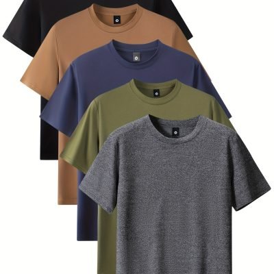 Men??s Fashion 5pcs Sports T-shirt, Casual Stretch Round Neck Tee Shirt For Summer