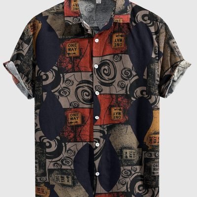 Men??s Stylish Loose Cotton Blend Geometric Print Shirt, Casual Breathable Lapel Button Up Short Sleeve Shirt For Summer Outdoor Activities